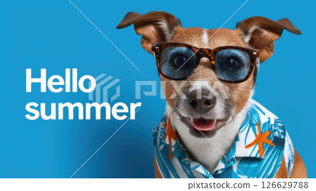 A dog wearing sunglasses and a tropical shirt on a bright blue background with the inscription Hello summer. 126629788
