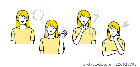 Illustration material: Young woman with various expressions and poses, simple touch 126629795