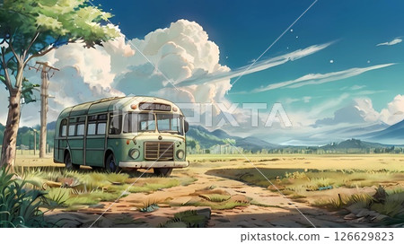 Game background: A retro bus running through the grasslands 126629823