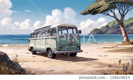 遊戲背景:一輛停在海邊的鄉村復古巴士 遊戲背景:一輛停在海邊的鄉村復古巴士 126629824