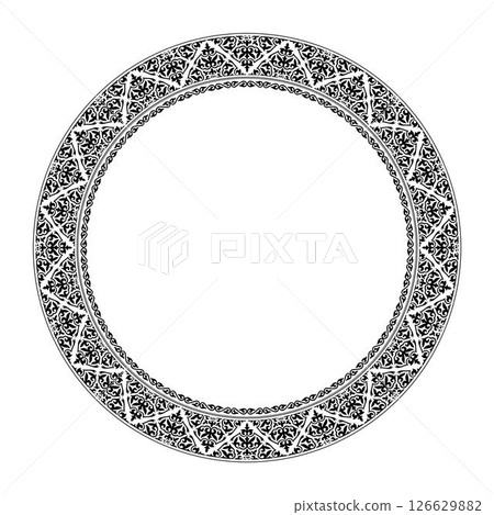 Vector monochrome Kazakh national round pattern, frame. Ethnic ornament of the nomadic peoples of Asia, Kazakhs, Kyrgyz, Kalmyks, Mongols, Turkmens. For design postcards, Sandblasting, ceramic 126629882