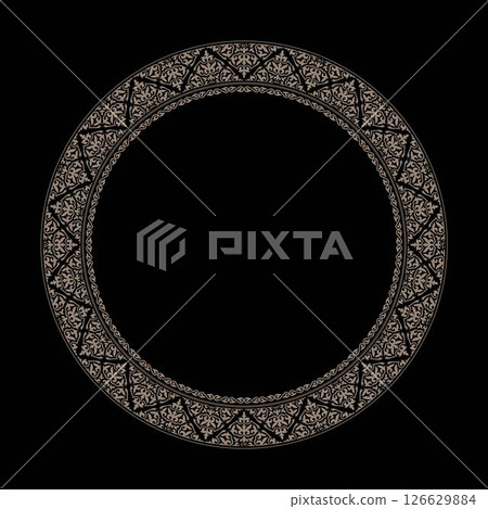 Gold round Oriental ornament frame on black background. Oriental round frame with arabesques. For design postcards, Sandblasting, ceramic, patchwork. Golden round oriental frame border from ornament 126629884