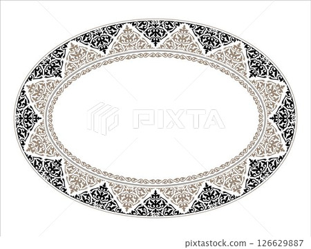 Vintage decorative oval frame. Elegant element for design in Eastern style, place for text. Floral black border. Ancient Turkic ornaments. Lace illustration for invitations, Sandblasting, ceramic 126629887