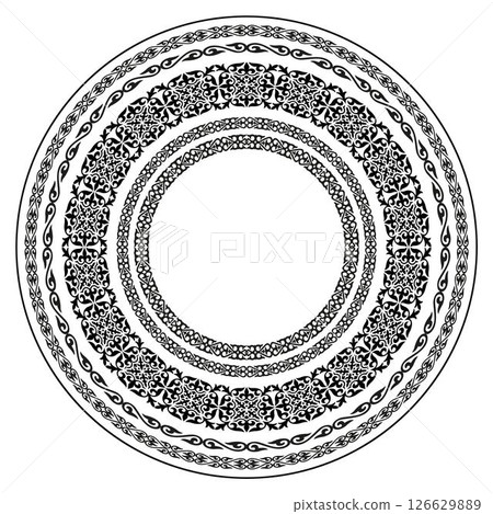Oriental round black frame with a circular pattern. Ancient Turkic ornaments. Ethnic ornament of the nomadic peoples of Asia, Kazakhs, Kyrgyz, Kalmyks, Mongol. Sandblasting, ceramic, embroidery Oriental round black frame with a circular pattern. Ancient Turkic ornaments. Ethnic ornament of the nomadic peoples of Asia, Kazakhs, Kyrgyz, Kalmyks, Mongol. Sandblasting, ceramic, embroidery 126629889