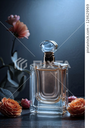 Front view of a perfume bottle with a clear glass body and a sculptural cap. The bottle is positioned on a dark, reflective surface. There are small orange roses in foreground and background. 126629969