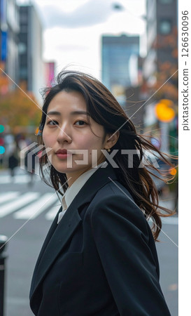 穿著西裝的女人看著相機（AI 生成的圖像） 126630096