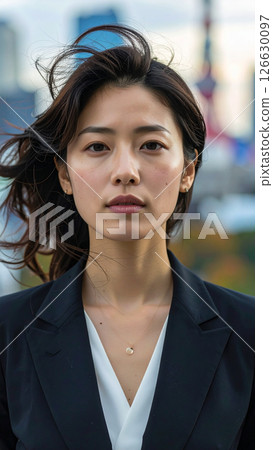 穿著西裝的女人看著相機（AI 生成的圖像） 126630097