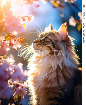 Cat looking up at flowers (AI generated image) 126630103