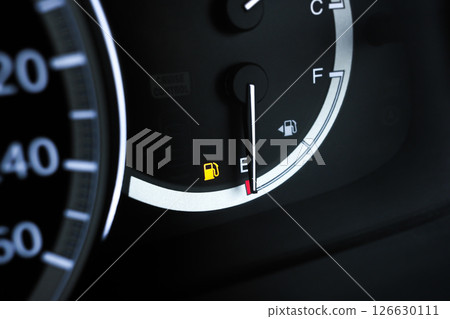 Low Fuel Warning Light, A car fuel gauge shows empty Low Fuel Warning Light, A car fuel gauge shows empty 126630111