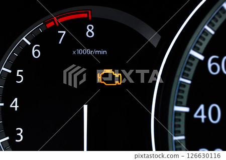 Check engine light or warning light closeup, Closeup of a car dashboard 126630116