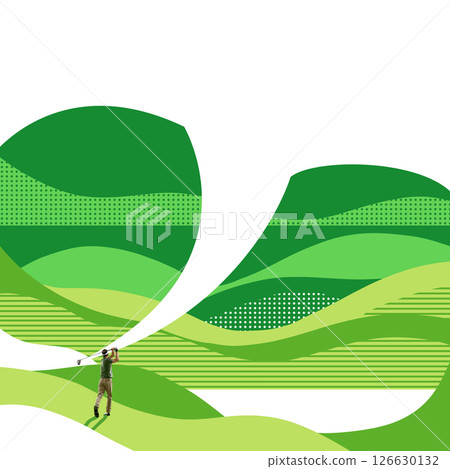 Modern artwork. Abstract hill layers curve around golf player swinging with power, geometric pattern blends terrain and energy for modern take on sport. 126630132