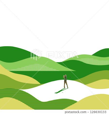 Conceptual collage. Man swings golf club on smooth white course in stylized green hills with bold outlines and layered field patterns under bright abstract sky. Conceptual collage. Man swings golf club on smooth white course in stylized green hills with bold outlines and layered field patterns under bright abstract sky. 126630133