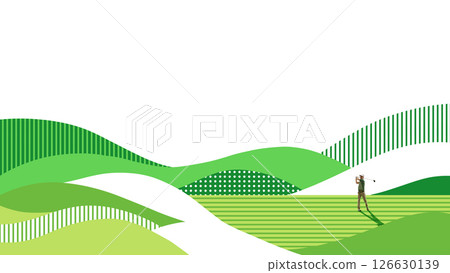 Conceptual art design. Golfer frozen mid-swing among rhythmic green stripes, abstract grass textures and horizon curves reflecting structure and concentration in sport. 126630139