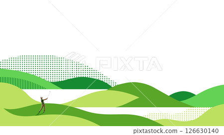 Creative art collage. Golf player strikes ball across conceptual green field with graphic hills, dot sky and elongated shadows emphasizing power and distance. Copy space. Creative art collage. Golf player strikes ball across conceptual green field with graphic hills, dot sky and elongated shadows emphasizing power and distance. Copy space. 126630140