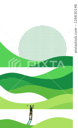 Conceptual art design. Golfer stands in stylized field of green shapes and rising hills with dot textures forming sun illusion, emphasizing sport as harmony with nature 126630146
