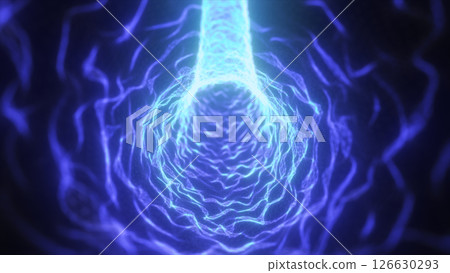 Bright glowing blue electric tunnel with dynamic wireframe lines and neon energy pulses, simulating a high-speed data flow Bright glowing blue electric tunnel with dynamic wireframe lines and neon energy pulses, simulating a high-speed data flow 126630293