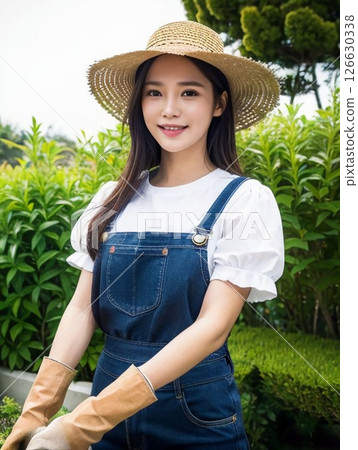 Cute woman wearing a straw hat (gardening) 126630338