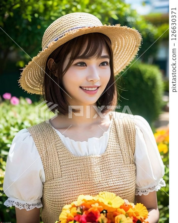 戴著草帽的可愛女子（園藝） 126630371