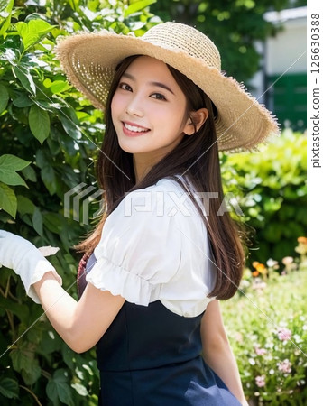 Cute woman wearing a straw hat (gardening) 126630388