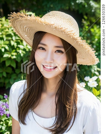 Cute woman wearing a straw hat (gardening) 126630389