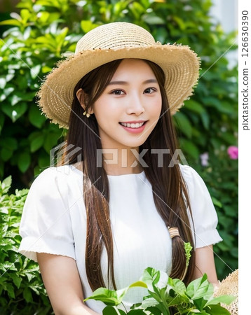 Cute woman wearing a straw hat (gardening) 126630390