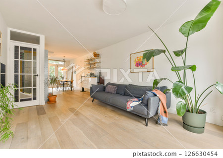 A stylish modern living room featuring a comfortable sofa, wooden flooring, and decorative plants that enhance the ambiance and aesthetics of the space. 126630454
