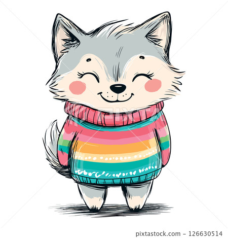cute little wolf in cozy winter sweater isolated vector illustration 126630514