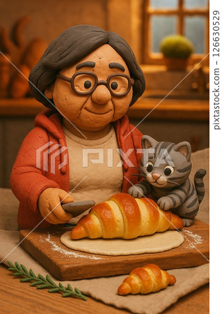 Clay art of an old lady and cat enjoying baking 126630529