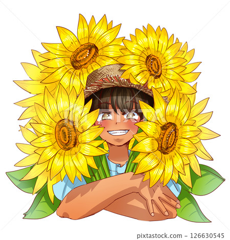 Child holding a bunch of sunflowers Child holding a bunch of sunflowers 126630545