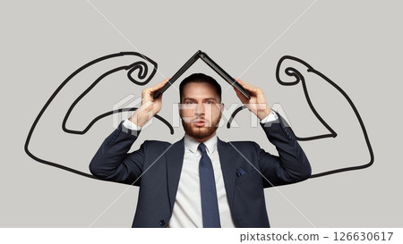 Businessman working in stress hiding under his laptop with muscular arms vector drawing Businessman working in stress hiding under his laptop with muscular arms vector drawing 126630617