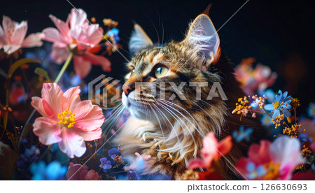 貓抬頭看著花(AI 生成的圖像) 貓抬頭看著花(AI 生成的圖像) 126630693