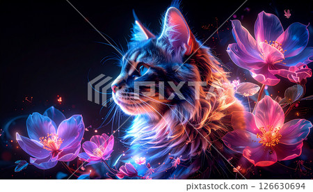 貓抬頭看著花(AI 生成的圖像) 貓抬頭看著花(AI 生成的圖像) 126630694