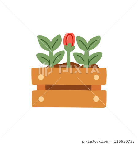 A Beautiful, Colorful Wooden Planter with Vibrant, Growing Flowers and Lush Green Leaves Vector illustration 126630735