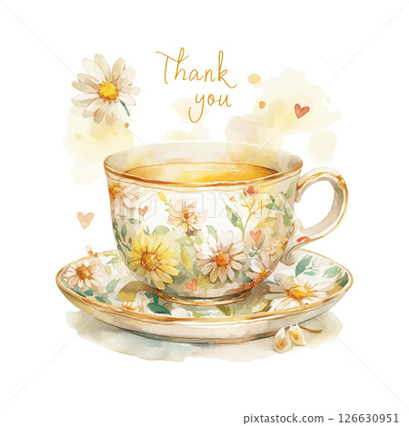 Beautiful floral tea cup with warm beverage and thank you message in cheerful colors 126630951