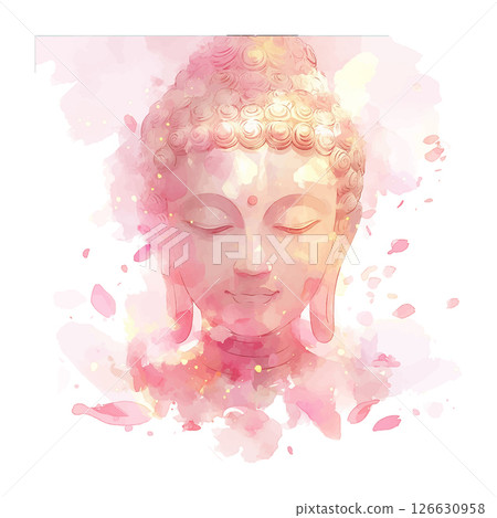 Buddha sculpture surrounded by soft pink hues and floral elements creating a calming atmosphere Buddha sculpture surrounded by soft pink hues and floral elements creating a calming atmosphere 126630958