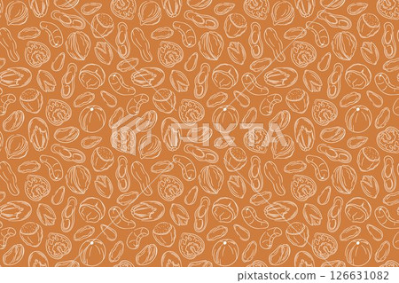 Seamless pattern with line art nut on brown background. Peanut, almond, walnut, cashew, hazelnut, pistachio, pecan and macadamia. Perfect for wallpaper, wrapping and kitchen menu. Seamless pattern with line art nut on brown background. Peanut, almond, walnut, cashew, hazelnut, pistachio, pecan and macadamia. Perfect for wallpaper, wrapping and kitchen menu. 126631082