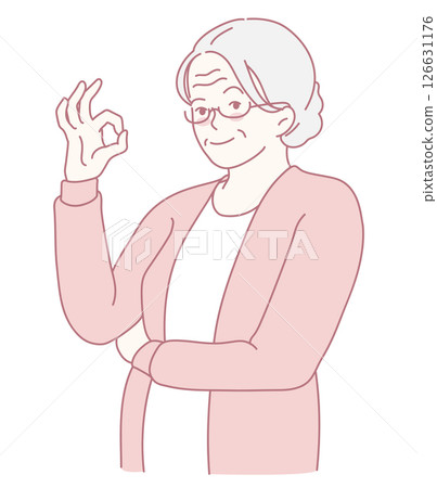 A Confident Elderly Woman is Generously Giving an Okay Gesture While Dressed in Light Colors 126631176
