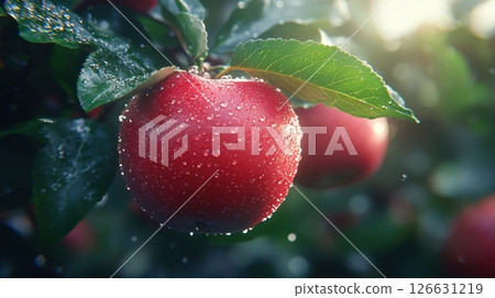 A close-up of a fresh red apple covered in dewdrops hangs from a tree branch with green leaves 126631219