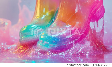 A pair of vibrant rainbow-colored jelly shoes steps into a pool of glittery pink slime, creating a splash of shimmering color 126631220