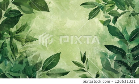A soft green botanical background features abstract leafy foliage framing the edges with a textured watercolor effect 126631321
