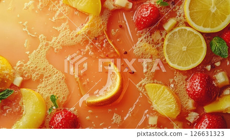 Slices of lemon, strawberries, and peach float in a vibrant orange liquid, surrounded by bubbles, herbs, and fruit chunks 126631323