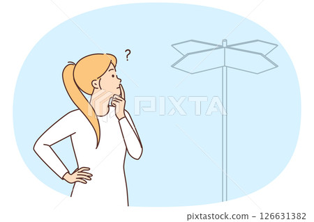 Woman near road sign pointing in different sides trying to choose direction Woman near road sign pointing in different sides trying to choose direction 126631382