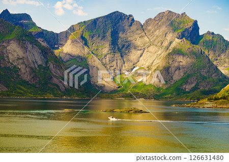 Fjord and mountains landscape. Lofoten islands Norway Fjord and mountains landscape. Lofoten islands Norway 126631480