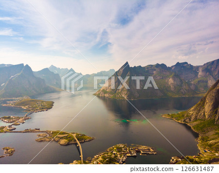 Fjord and mountains landscape. Lofoten islands Norway Fjord and mountains landscape. Lofoten islands Norway 126631487