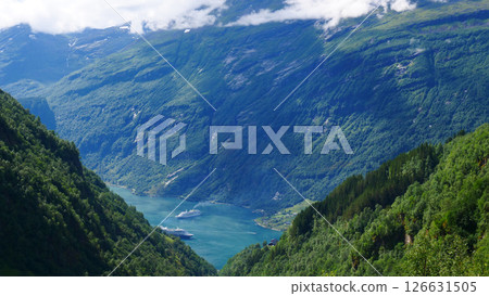 Fjord Geirangerfjord with ferry boat, Norway. 126631505