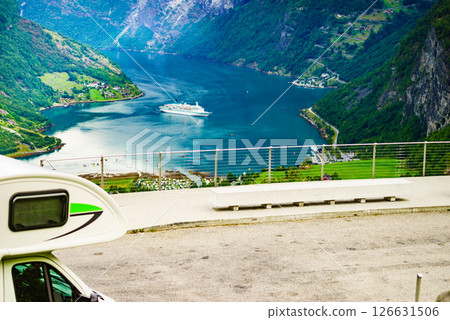 Camper over fjord Geirangerfjord, Norway Camper over fjord Geirangerfjord, Norway 126631506