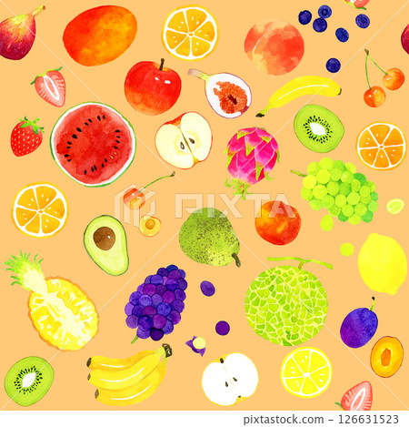 Colorful fruit seamless pattern Hand-drawn watercolor illustration background material Colorful fruit seamless pattern Hand-drawn watercolor illustration background material 126631523