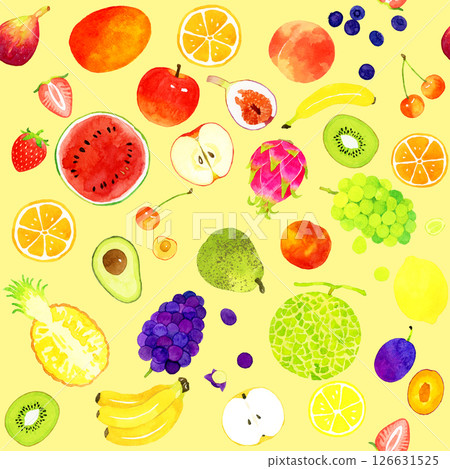 彩色水果無縫圖案手繪水彩插畫背景素材 126631525