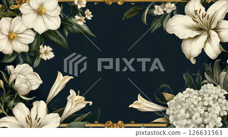 Vintage funeral memorial template with ornate golden frame and floral botanical design on dark background Vintage funeral memorial template with ornate golden frame and floral botanical design on dark background 126631563