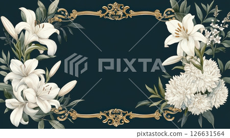 Vintage funeral memorial template with ornate golden frame and floral botanical design on dark background 126631564